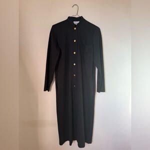 VINTAGE ORVIS Black Gold Button Down Collar Midi Dress 80s 90s Size 8